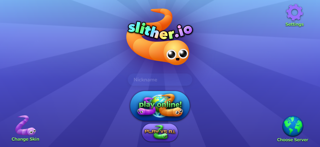 slither.io - Hauptmenü des slither io Handyspiels mit Start-Buttons und Schlangen-Logo