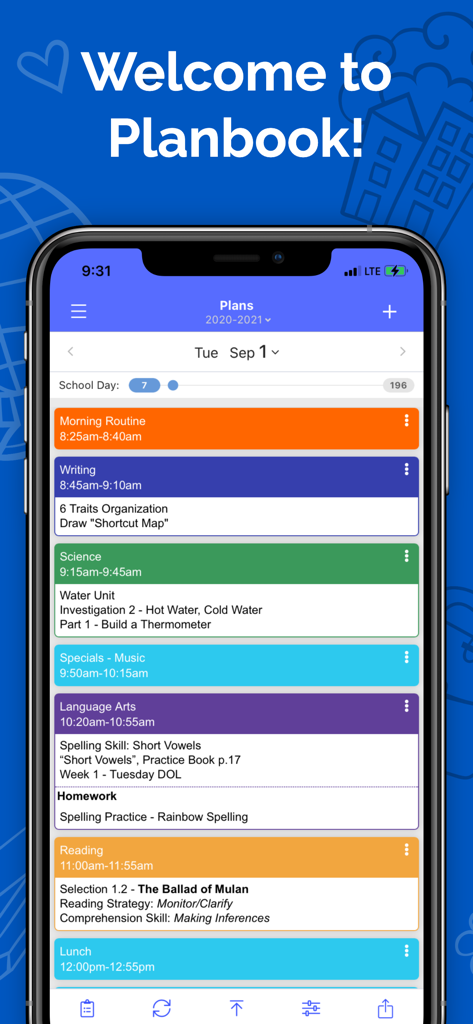Planbook Mobile app displaying a daily teaching schedule with color coded lesson plans for subjects like science and language arts