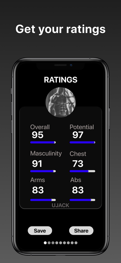 Ujack - A smartphone screen from the Ujack app displaying numerical ratings for physique, potential, masculinity, and muscle groups.