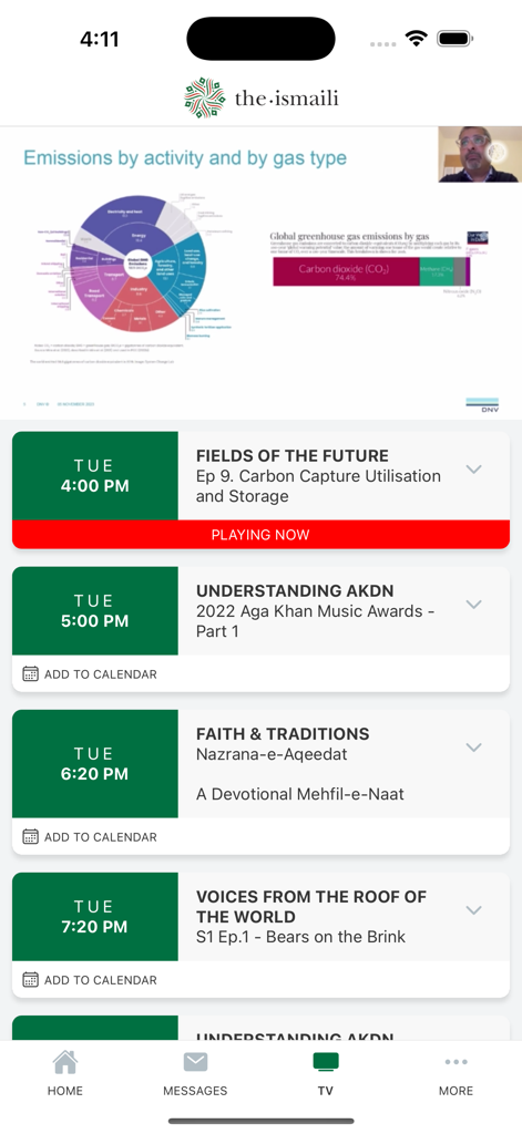 The Ismaili app TV section displaying a list of community video programs and live broadcasts