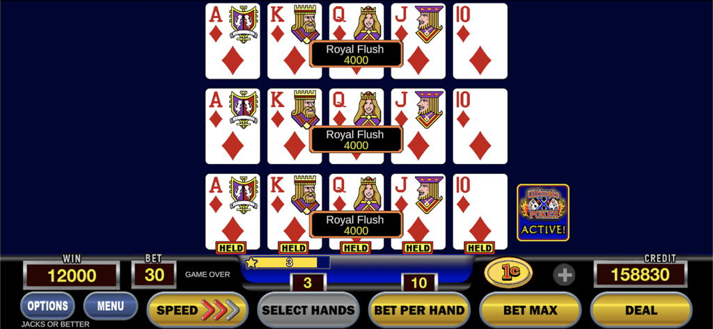 Ultimate X Poker - Video Poker - アルティメットXポーカービデオポーカーアプリでのトリプルロイヤルフラッシュの勝利のスクリーンショット。