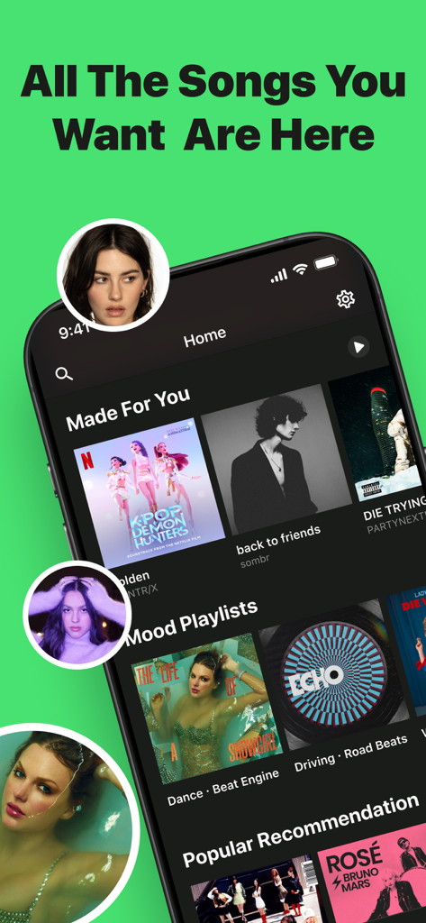 Music Stats for Spotify Song - Interfaz de la aplicación Music Stats for Spotify que muestra recomendaciones de canciones personalizadas y playlists de estado de ánimo