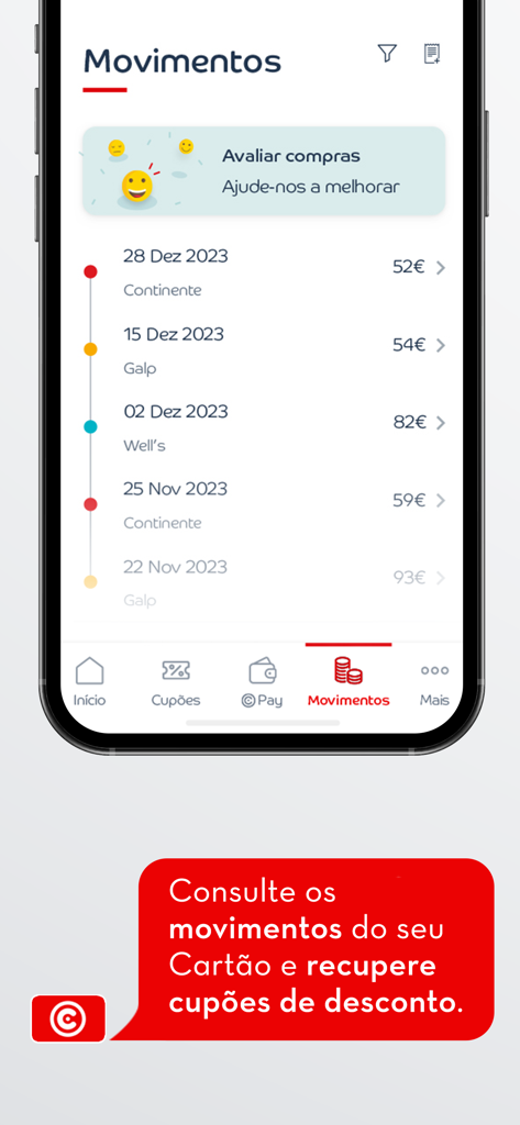 Cartão Continente - Captura de ecrã da aplicação Cartão Continente mostrando uma lista de transações recentes de várias lojas como Continente, Galp e Wells.