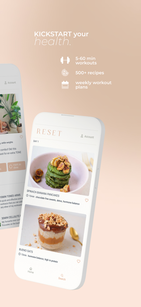 RESET By Caroline - RESET By Caroline app screen showing healthy plant based recipes and workout plans