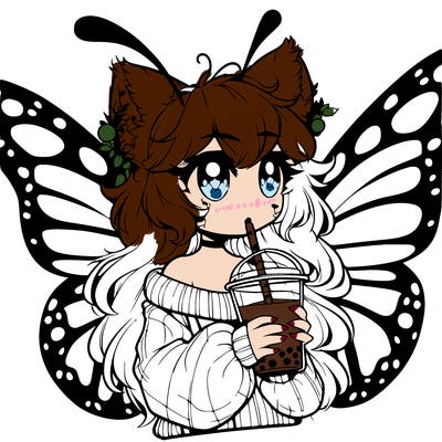 a realistic butterfly/furry girl drinking boba