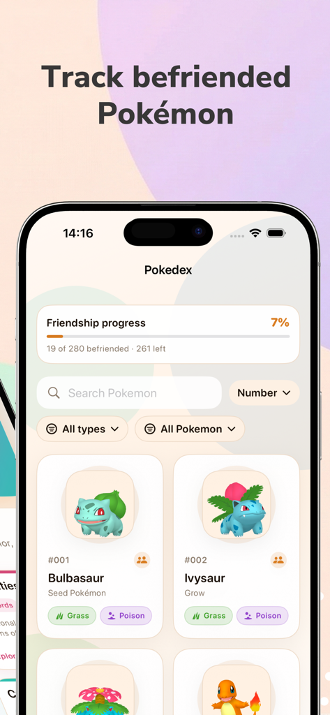 Pokodex app interface showing friendship progress and a list of befriended Pokemon characters
