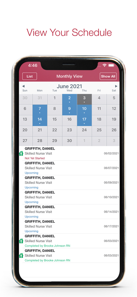 Axxess Home Health - Monthly visit calendar and patient task list view in the Axxess Home Health mobile app