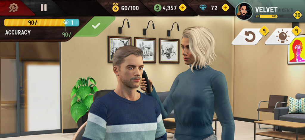 A female barber using clippers on a male customer in a virtual salon simulation
