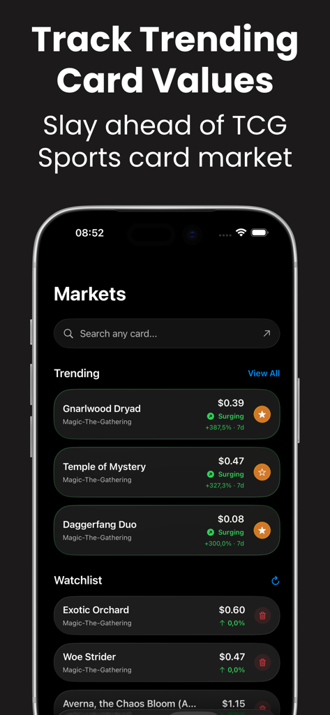 TCG Scan: Trading Card Scanner - A smartphone display showing the TCG Scan app Markets screen with trending Magic The Gathering card prices and a user watchlist