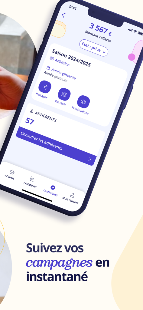 HelloAsso - HelloAsso mobile app interface displaying real-time campaign fundraising and member statistics