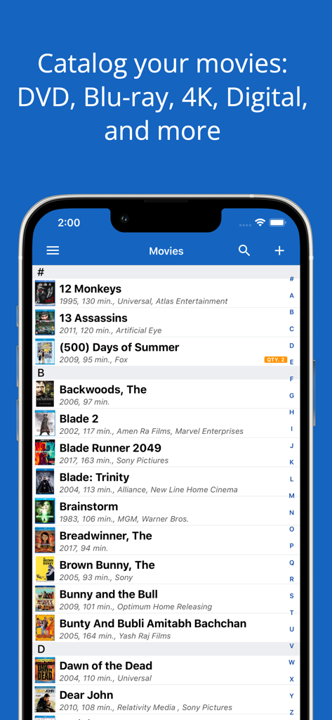 iCollect Movies: DVD Tracker - La aplicación iCollect Películas muestra una lista alfabética de una colección de películas en un iPhone