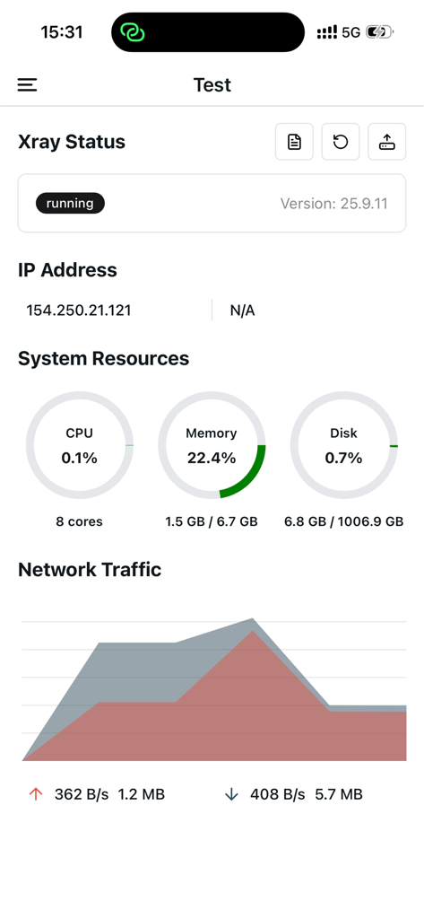 RayBoxUI - RayBoxUI app interface showing real-time server status monitoring with system resources and network traffic graphs