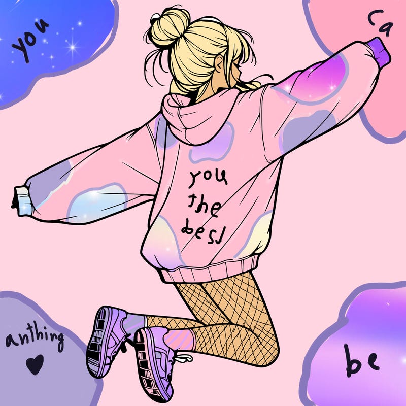 realistic girl jumping with a bun and oversized sweatshirt