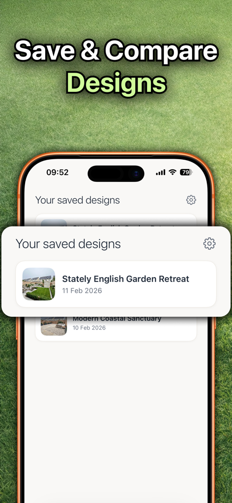 Scapes: AI Landscape Design - Una pantalla de smartphone que muestra una lista de diseños de paisajes generados por IA guardados, incluyendo Jardín Inglés y Santuario Costero