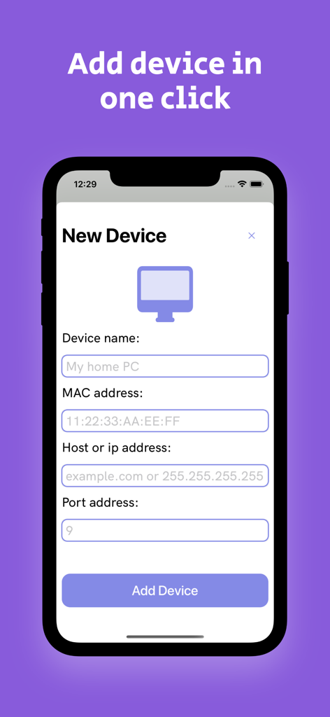 デバイス名、MACアドレス、IPフィールドが表示されたWOLアプリでの新規デバイス追加インターフェース