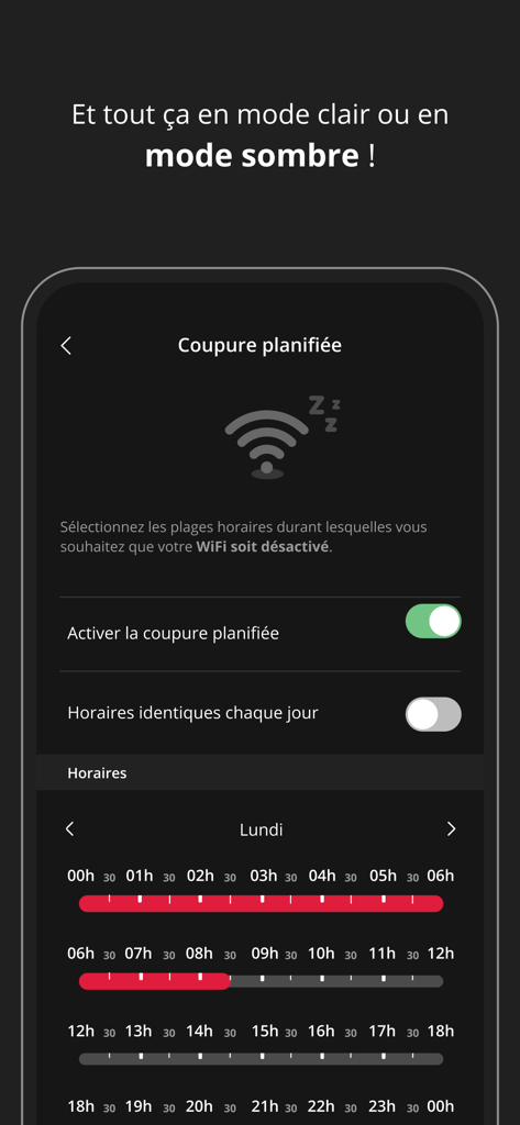 Screenshot of Freebox Connect app showing a scheduled WiFi cutoff menu in dark mode