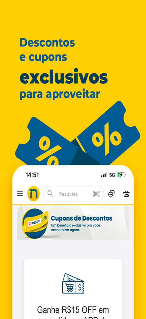 Farmácias Nissei - Captura de tela do aplicativo Farmacias Nissei exibindo cupons de desconto exclusivos e ofertas promocionais em um fundo amarelo.