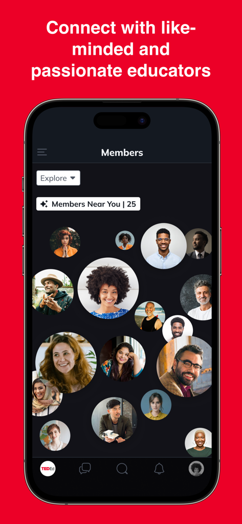 A mobile screen from the TED-Ed Community app displaying a network of diverse educator profile pictures for professional collaboration.