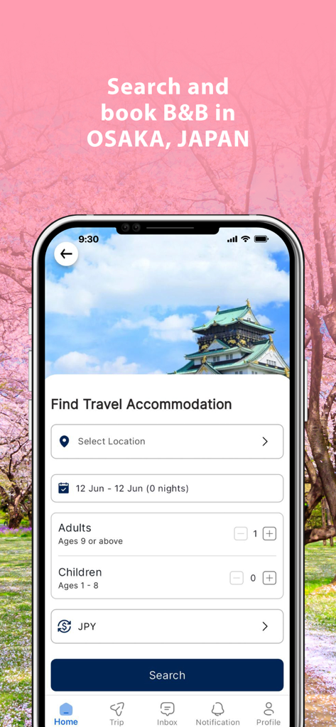 Okini Home - Okini Home mobile app interface for searching and booking B&B accommodations in Osaka Japan
