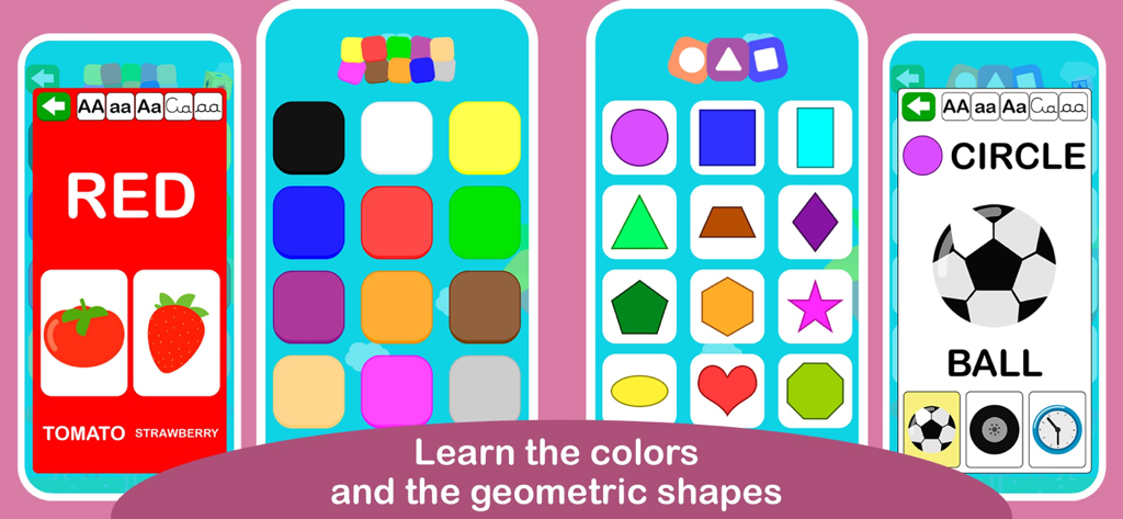 Educational mobile app screens for children to learn colors and geometric shapes