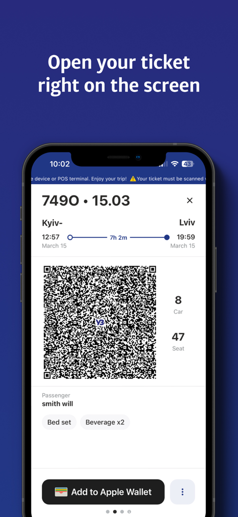 Ukrainian Railways mobile app showing a digital ticket with QR code and Apple Wallet integration