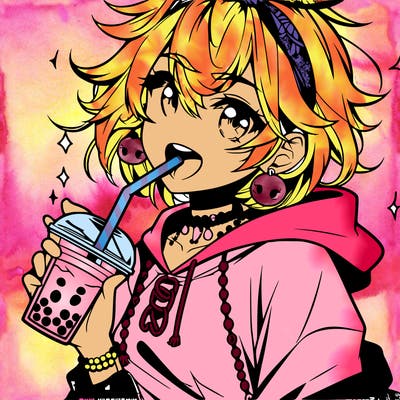 hot baddie anime girl drinking boba and biting the straw