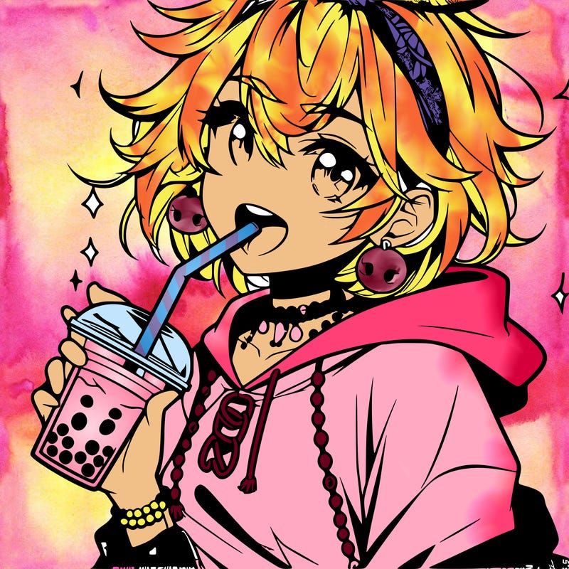 hot baddie anime girl drinking boba and biting the straw