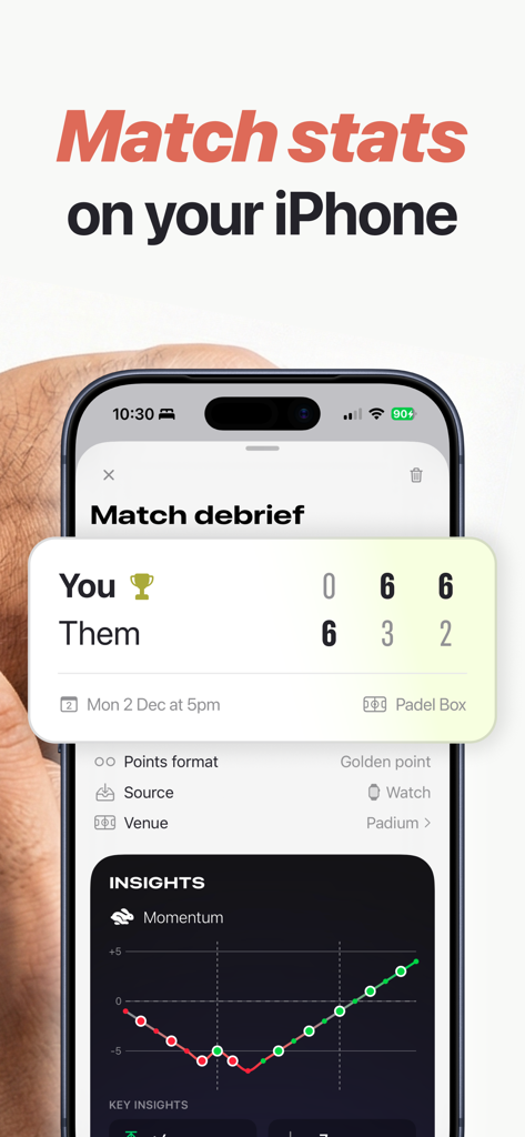 Padel Pointer: Score Tracker - Padel Pointer iPhone interface displaying a match debrief with scores and a momentum performance graph