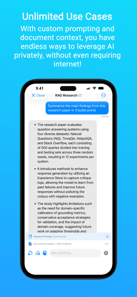 Private AI: Document Chat - A screenshot of Private AI Document Chat summarizing a research paper into bullet points without internet