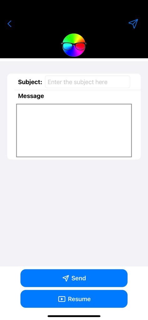 BlindColor - Formulário de feedback do aplicativo BlindColor com campos de assunto e mensagem e um botão de envio