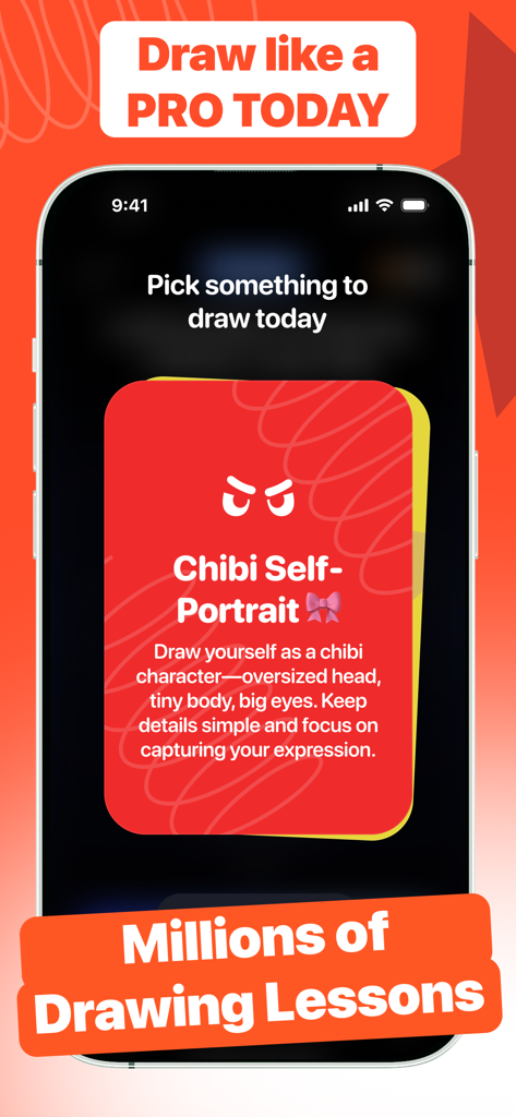 Dro: Learn How to Draw & Focus - A mobile interface for the Dro app showing a guided chibi self portrait drawing challenge