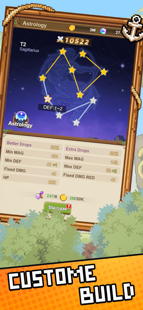 Warriors and Dungeons astrology system menu for custom character builds