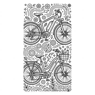 Explore the future of commuting with this exciting electric bikes coloring page, perfectly designed as a unique bookmark. Enjoy coloring two distinct e-bike designs amidst a backdrop of gears and eco-friendly motifs.