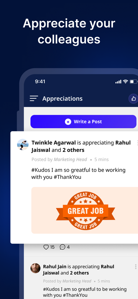 Oberfläche der Accrue-App, die einen Mitarbeiter-Anerkennungs-Feed zeigt, in dem Kollegen Kudos und Good Job-Badges posten.