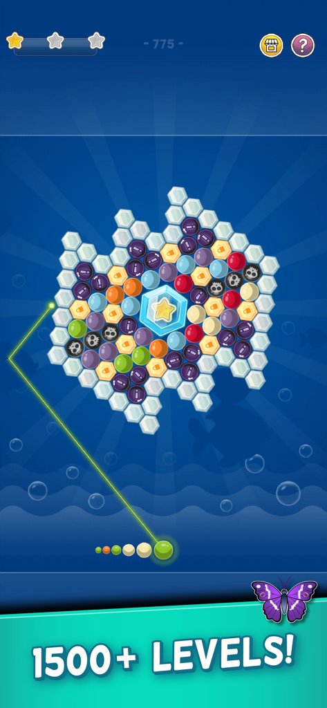 Gameplay screen of Bubble Cloud Spinning Match-3 featuring a colorful hexagonal bubble puzzle and over 1500 levels.