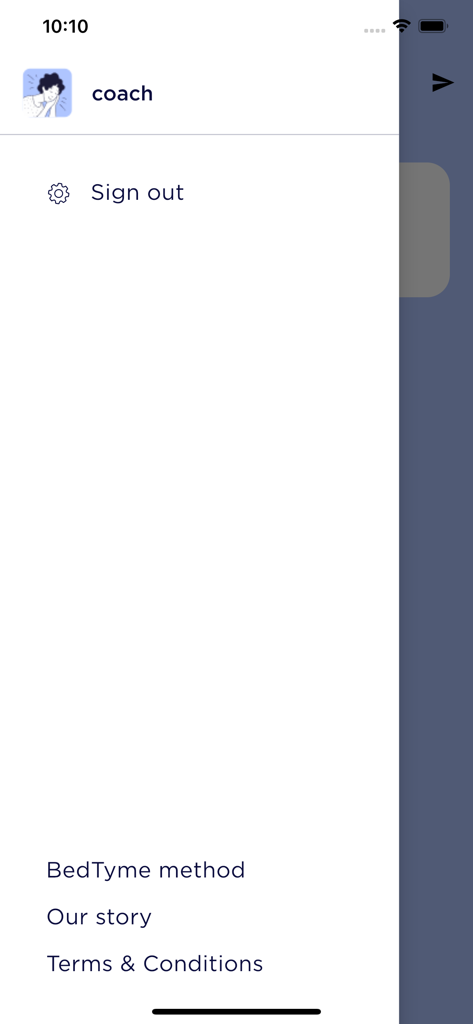 BedTyme Coach - Navigation side menu of the BedTyme Coach app