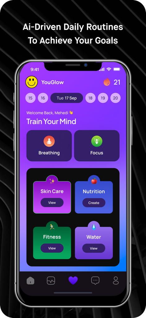 YouGlow: AI Glow-Up Coach - YouGlow app dashboard showing AI driven daily routines for skincare fitness and nutrition