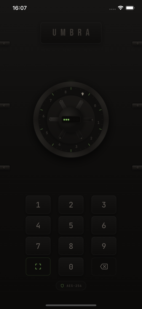 Anmeldebildschirm der Umbra Private Vault App mit einem sicheren PIN-Eingabefeld und einem Tresorwahlrad