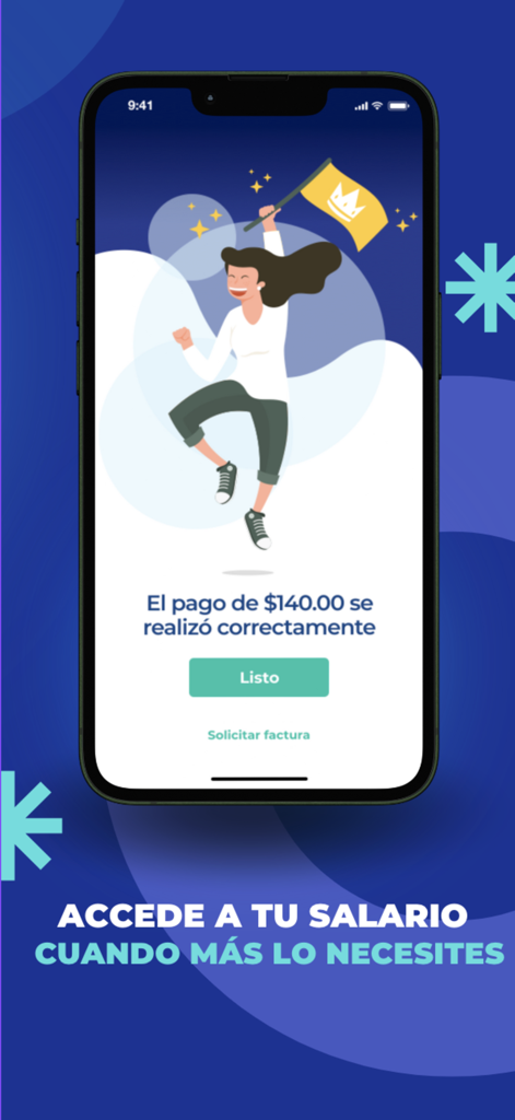 Paynom - Captura de pantalla de la aplicación Paynom mostrando una confirmación de pago exitosa con un personaje celebrando y el lema de acceso a nómina