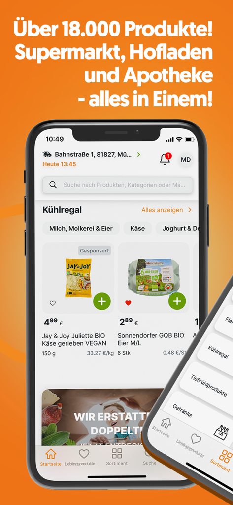 Knuspr.de - Interface do aplicativo móvel Knuspr exibindo uma variedade de produtos de supermercado e loja rural com uma barra de pesquisa e navegação por categorias.