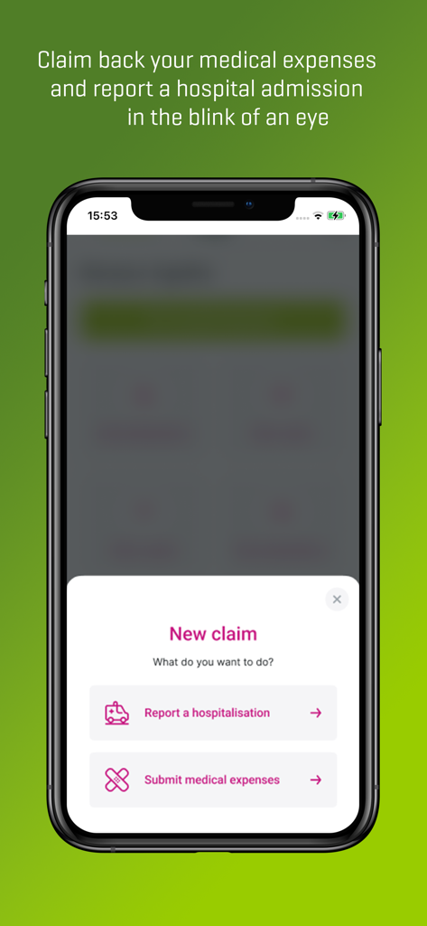 MyAG Employee Benefits - MyAG Employee Benefitsアプリが表示されたスマートフォン。入院の報告や医療費の提出オプションがあります。