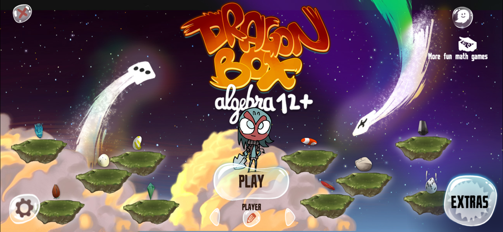 Login Access: DB Algebra 12+ - Main menu of DragonBox Algebra 12 plus featuring a character and floating islands in a cosmic setting