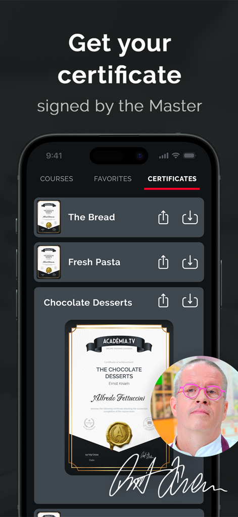App screen showing culinary certificates signed by master chefs for courses like bread making and chocolate desserts