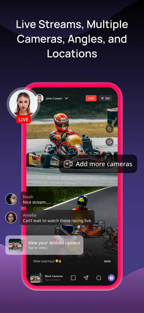 ViuLive: Multicam Live Stream - Interfaz de la aplicación móvil ViuLive mostrando una transmisión en vivo multicámara de una carrera de karts con chat interactivo y opciones de ángulo de cámara.