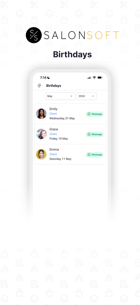 Mobile app interface displaying client birthdays and a quick WhatsApp messaging feature for salon owners