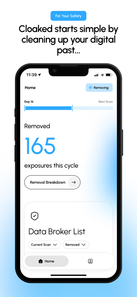 Cloaked app dashboard showing 165 data exposures removed this cycle.