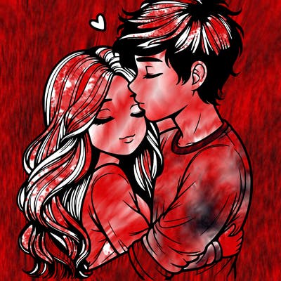 a realistic couple boy and girl hugging and kissing