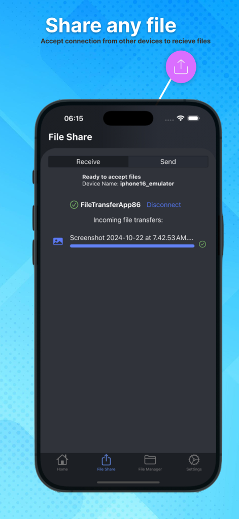 WiFi File Transfer: TECHPRD - Interfaz de la aplicación Transferencia de Archivos WiFi mostrando la pantalla de recepción con una barra de progreso de transferencia de archivos entrante.