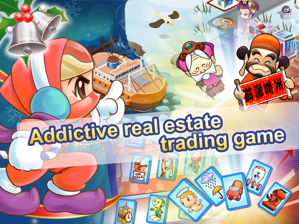 Colorful promotional screen for Richman 4 Fun HD real estate trading game featuring chibi characters and strategy cards.