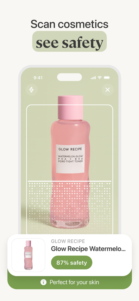 Lumi Skin:The Skincare Scanner - Lumi Skin app scanning a cosmetic bottle to display its safety rating and skin compatibility.